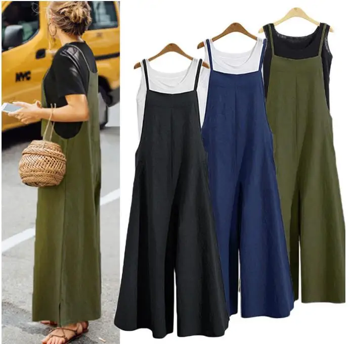 

2019 Plus Size S-5XL Women Dress Cotton Pocket Long Wide Leg Romper Dungaree Bib Overalls Casual Loose Solid Dress