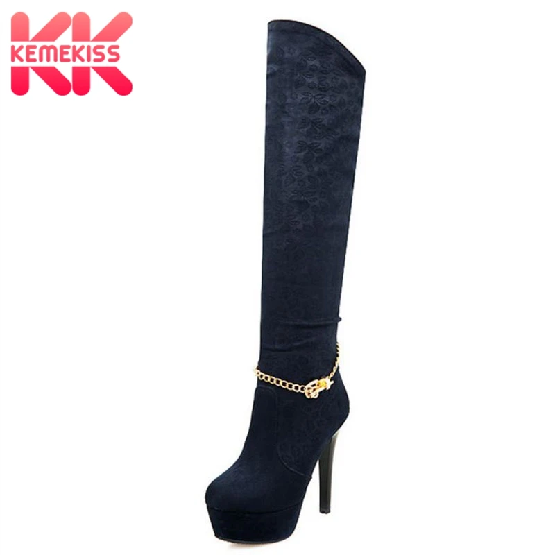 

KemeKiss Sexy Women High Heel Boots Chain Platform Chain Thin Heel Shoes Women Winter Warm Fur Fashion Footwear Size 33-43