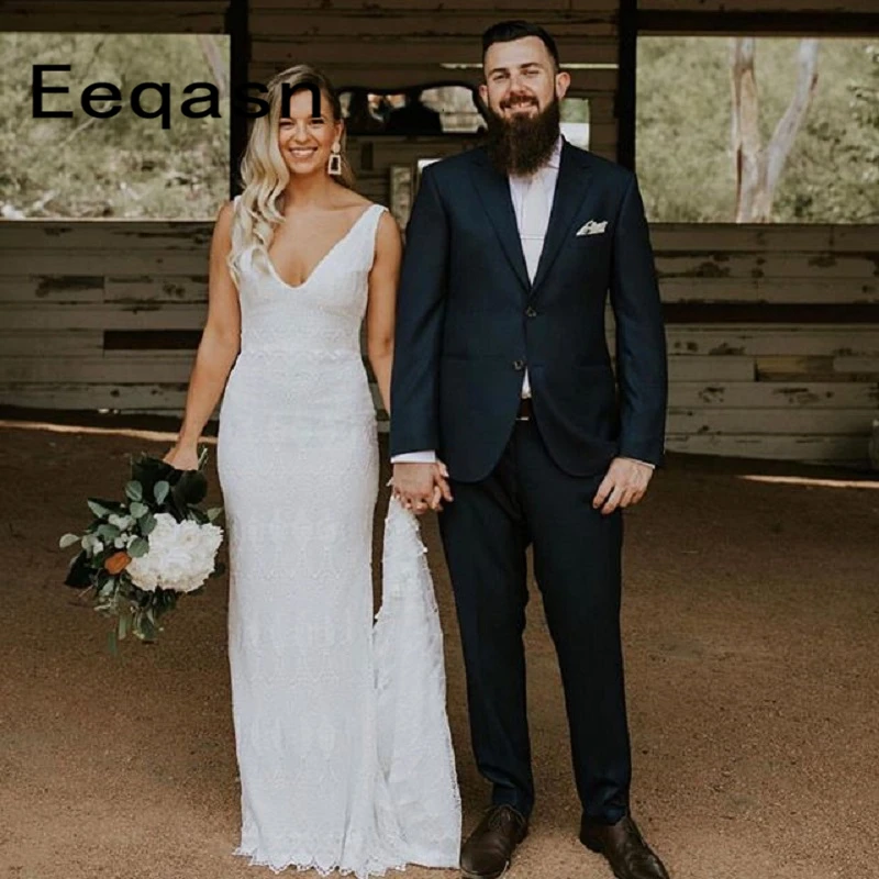 

Lace V Neckline Wedding Dresses Long 2019 Backless Sleeveless Mermaid White Outdoor Bridal Dress Modest Wedding Gowns