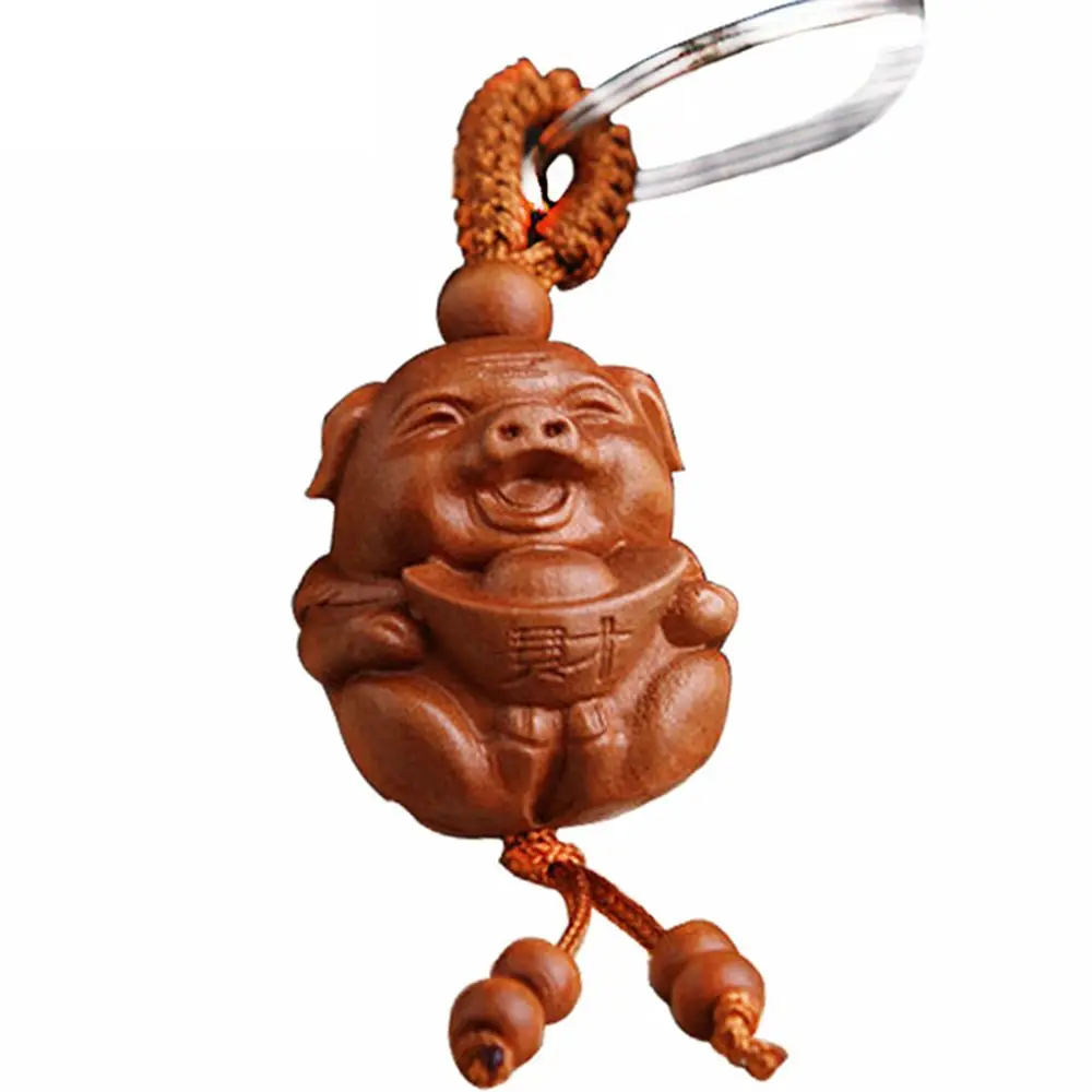 

cute pig keychain car key chain wood pig with treasure money vintage keychains women men jewelry gift new arrival
