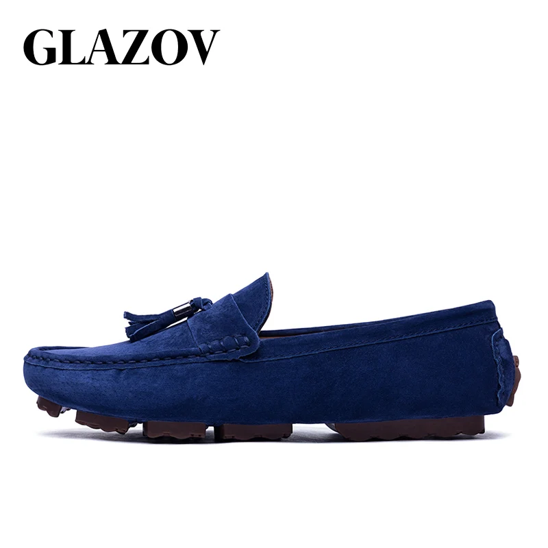 GLAZOV; Роскошные брендовые модные мягкие мокасины; мужские лоферы; Высококачественная обувь из натуральной кожи; Мужская замшевая обувь для вождения на плоской подошве; Цвет Синий - Цвет: Blue