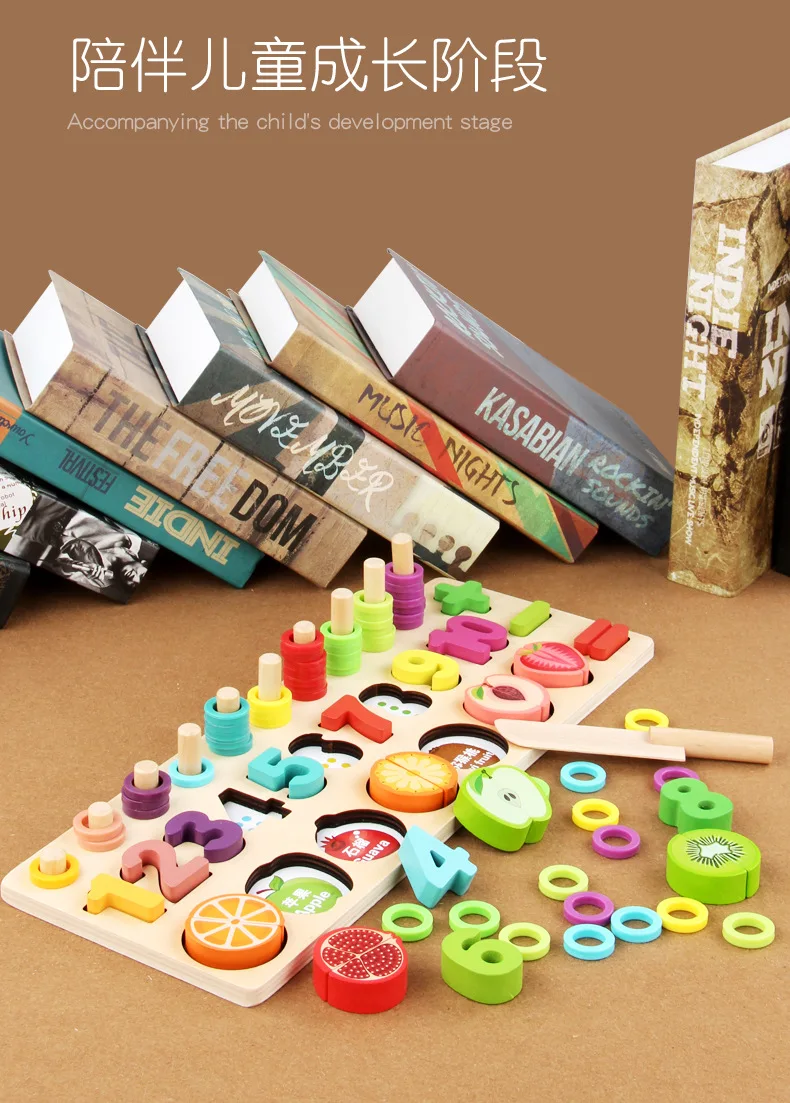 Детские игрушки Монтессори Деревянные детские игрушки-пазлы-головоломки для детей цифровая арифметическая игра еда Фрукты сопряжение доска 3в1 Пазлы