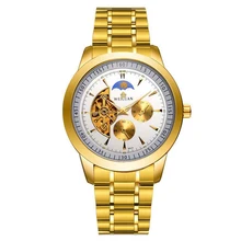 

Skeleton Automatic Mechanical Watch Men Gold Plated Stainless Steel Imitation Tourbillon Watch Male Hollow Wristwatches
