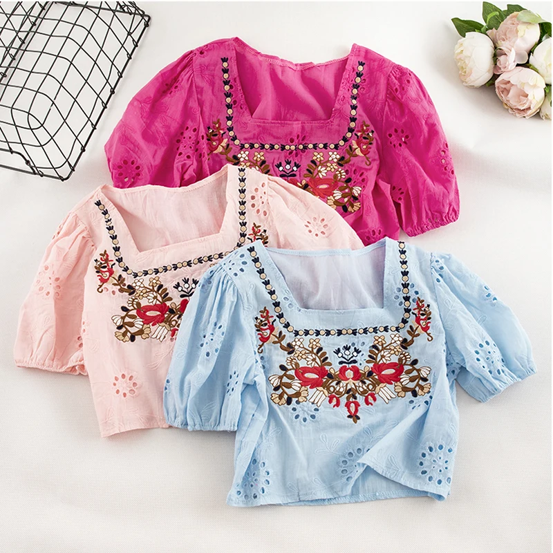 

Vintage Women Top Chic Square Collar Hollow Out Puff Sleeve Tops Sweet Short Style Embroidery Shirt Korea Cute Short-sleeve Tops