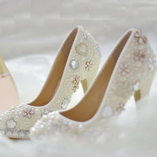 2015 Handmade White Imitation Pearl Crystal Wedding Bridal Dress Shoes Woman Party Prom Shoes Lady Round Toe Evening Club Shoes