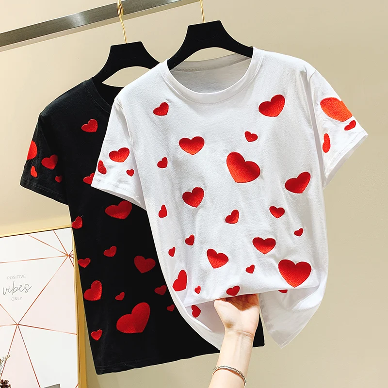 

2019 Spring and Summer Simple Love Embroidery Round Collar Short Sleeve T-shirt Female Students Loose Cotton Shirt Tops