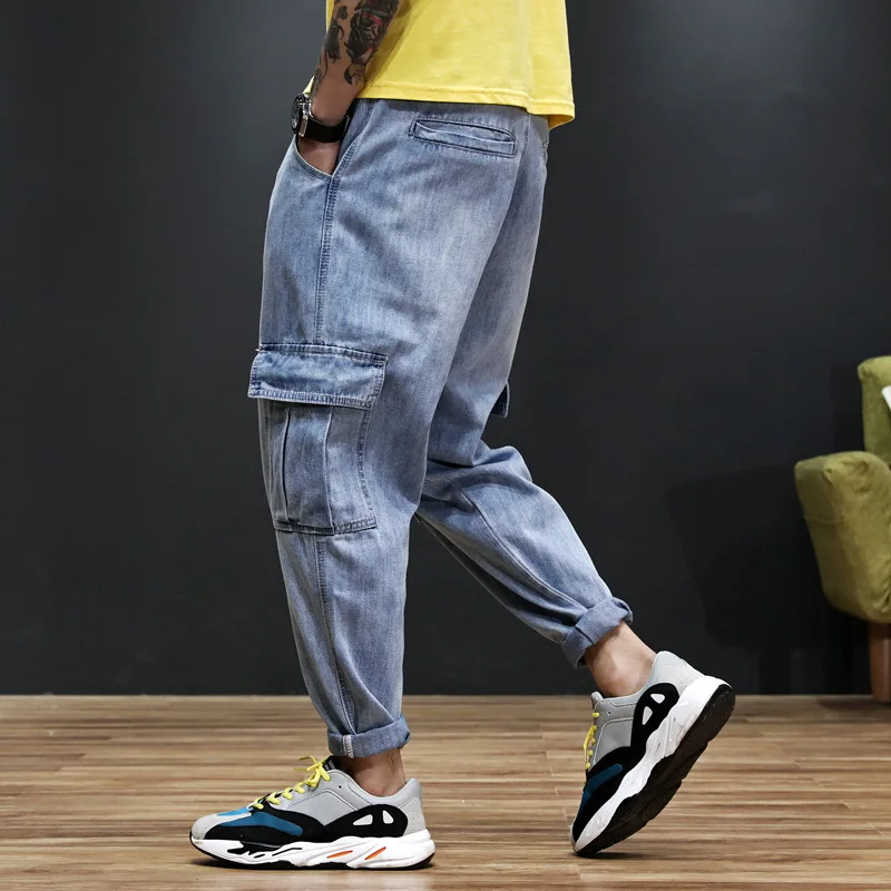 Japanese Style Fashion Men Jeans Blue Loose Fit Big Pocket Denim Cargo Pants Hombre Harem Trousers Streetwear Hip Hop Jeans Men