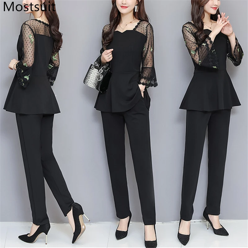 

Black Mesh Embroidery Long Sleeve 2 Piece Set Women 5xl Plus Size Summer Spring Lady Office Sets Elastic Waist Pants