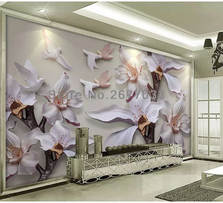 Фото стена Бумага s тиснением белая Магнолия смолы 3D большой росписи для Гостиная ТВ фоне стены ткань Fresco стены Бумага для 3D
