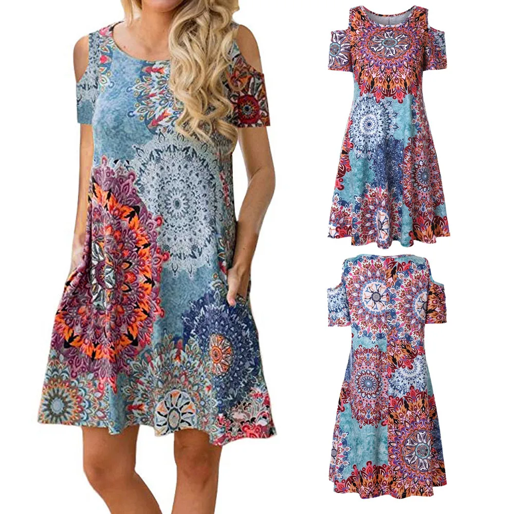 

JAYCOSIN 2019 Summer Dress Women's Cold Shoulder Casual Sundress T-Shirt Dress for Summer with Pockets Fashion Casual Dress