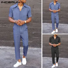 INCERUN Stylish Men Jumpsuit Rompers Joggers Shortsleeve Baggy Streetwear Pants Solid Color Casual Men Cargo Overalls S-5XL
