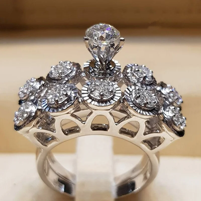 SHUANGR Бохо кристалл белый круглый набор колец Роскошные обещания серебряного цвета обручальное кольцо винтажные свадебные кольца для женщин ювелирные изделия