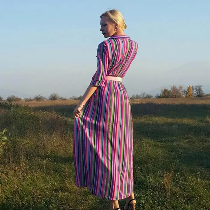 Горячая Распродажа, модное летнее платье, длинное платье, женское платье, длинное платье в полоску, с принтом, на пуговицах спереди, Открытое платье, рукава средней длины, HD88