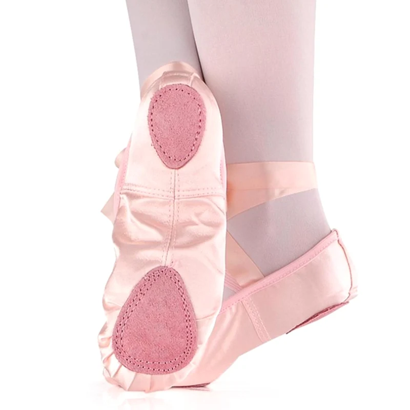 Children's and Adult Girls Ballet Dance Shoes Satin Gymnastics Flats Split Sole with Ribbon YH-17