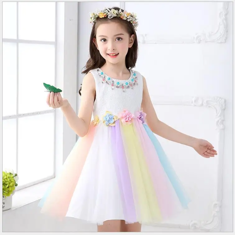 Платье принцессы из тюля радужных цветов элегантное праздничное платье для маленьких девочек на день рождения милый праздничный сарафан с цветочным узором для девочек - Цвет: sleeveless
