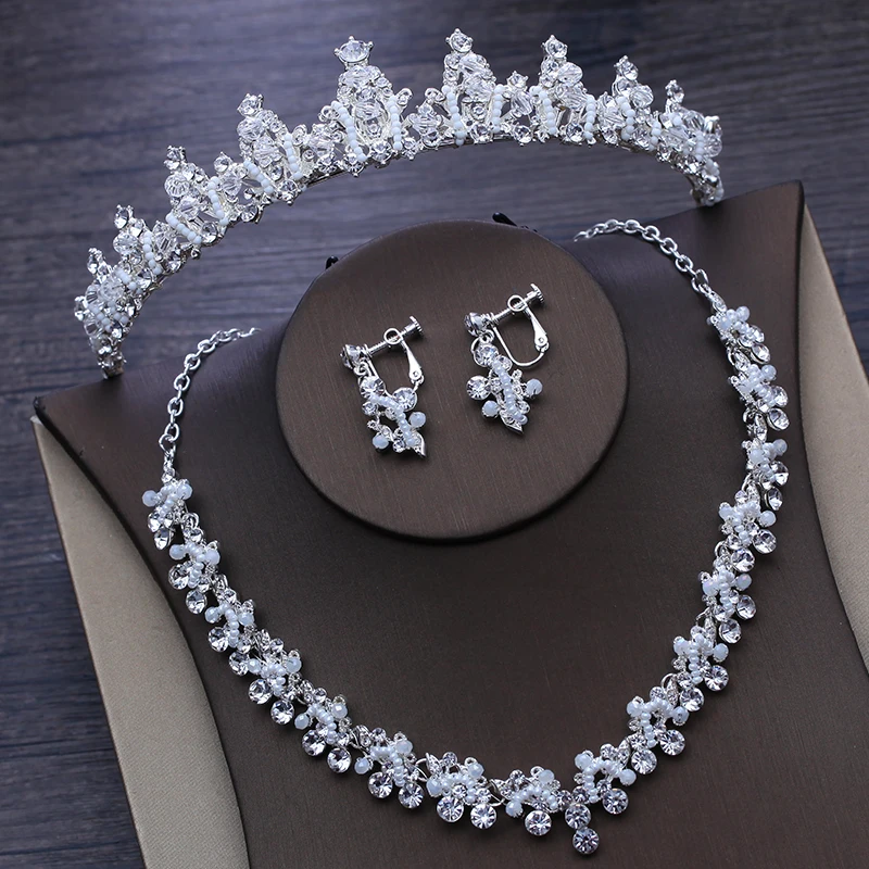 Sparkling Rhinestone Jewelry Set Tiaras Necklace Earrings Silver Plated