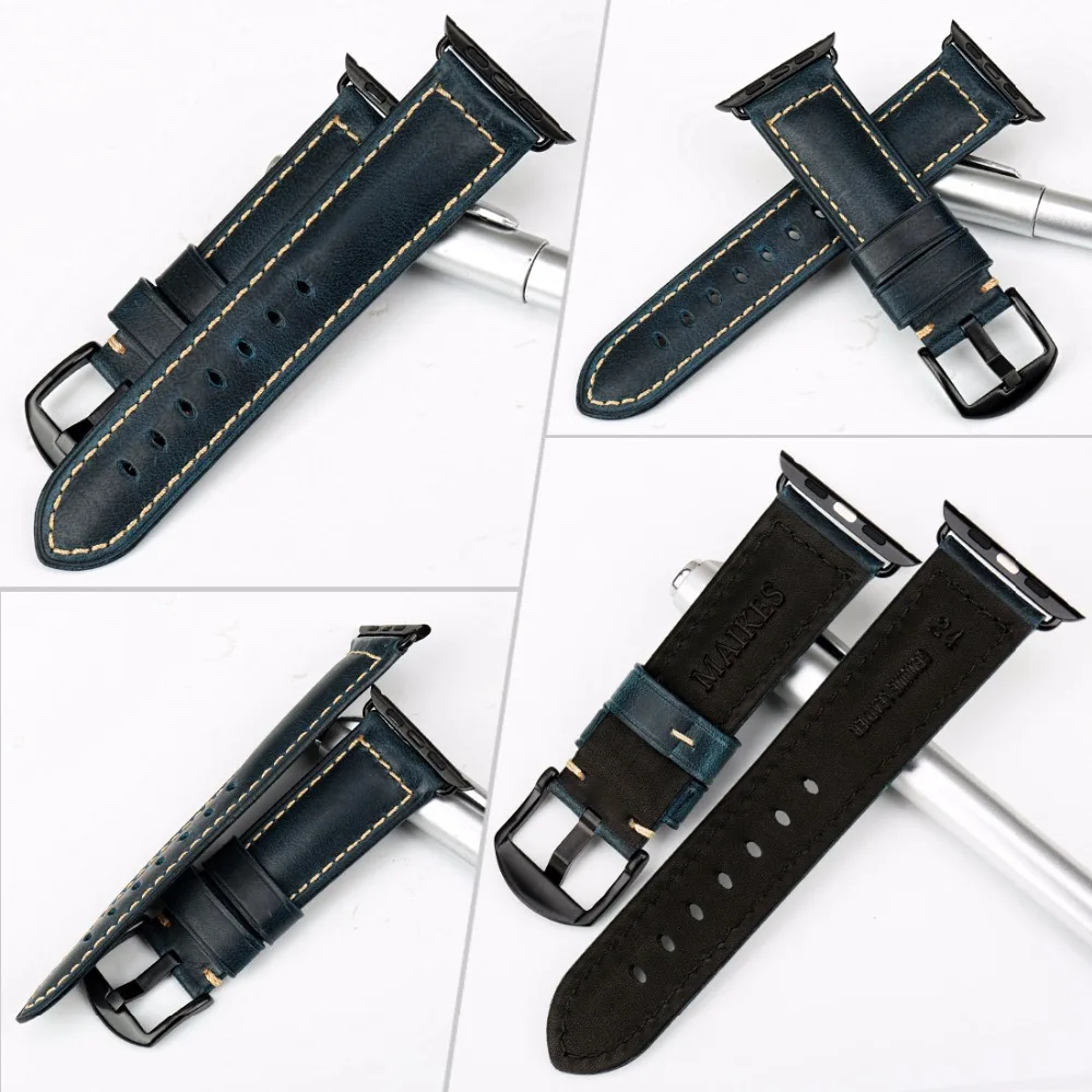 MAIKES для Apple Watch Band 42 мм 38 мм/44 40 серия 4/3/2/1 iWatch СИНИЙ Масляный воск кожаный ремешок