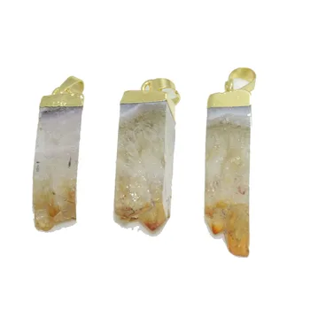 

5ps Yellow Rectangle column rough cluster quartz druzy pendant magic natural geode druzy raw stone pendant with gold plating