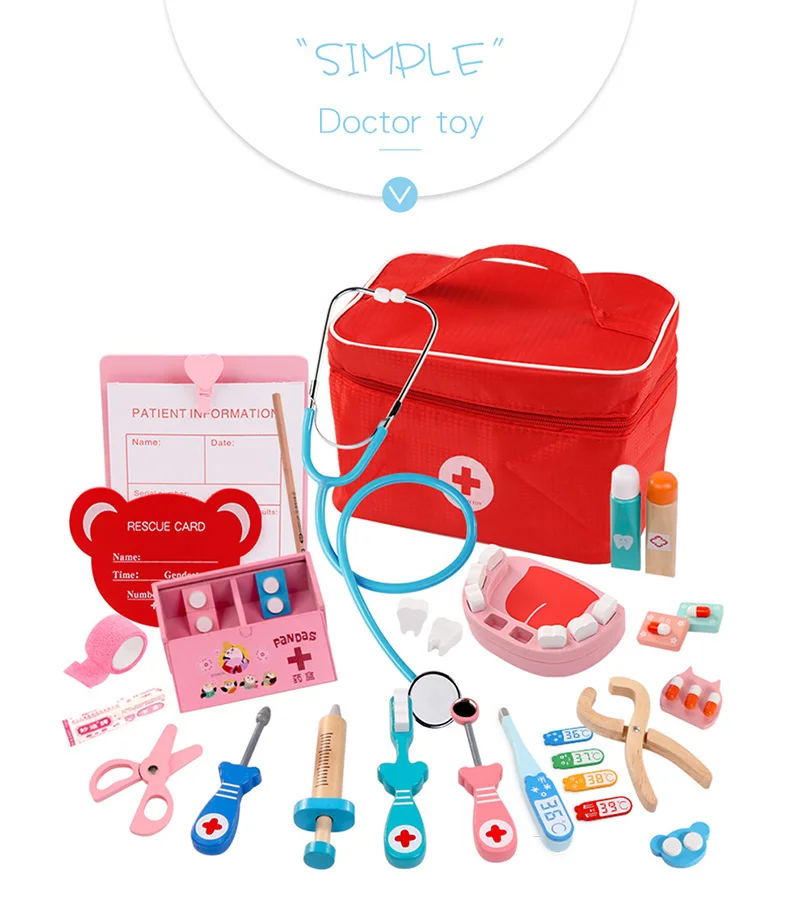 Brincar de Médico Médicos de Medicina de Madeira com Bolsa de Pano Crianças Jogo Brinquedos Grupo Cosplay Acessórios Ferramentas Dentista Brinquedo Educação Ty0396 8 Cheap Brinquedos médicos