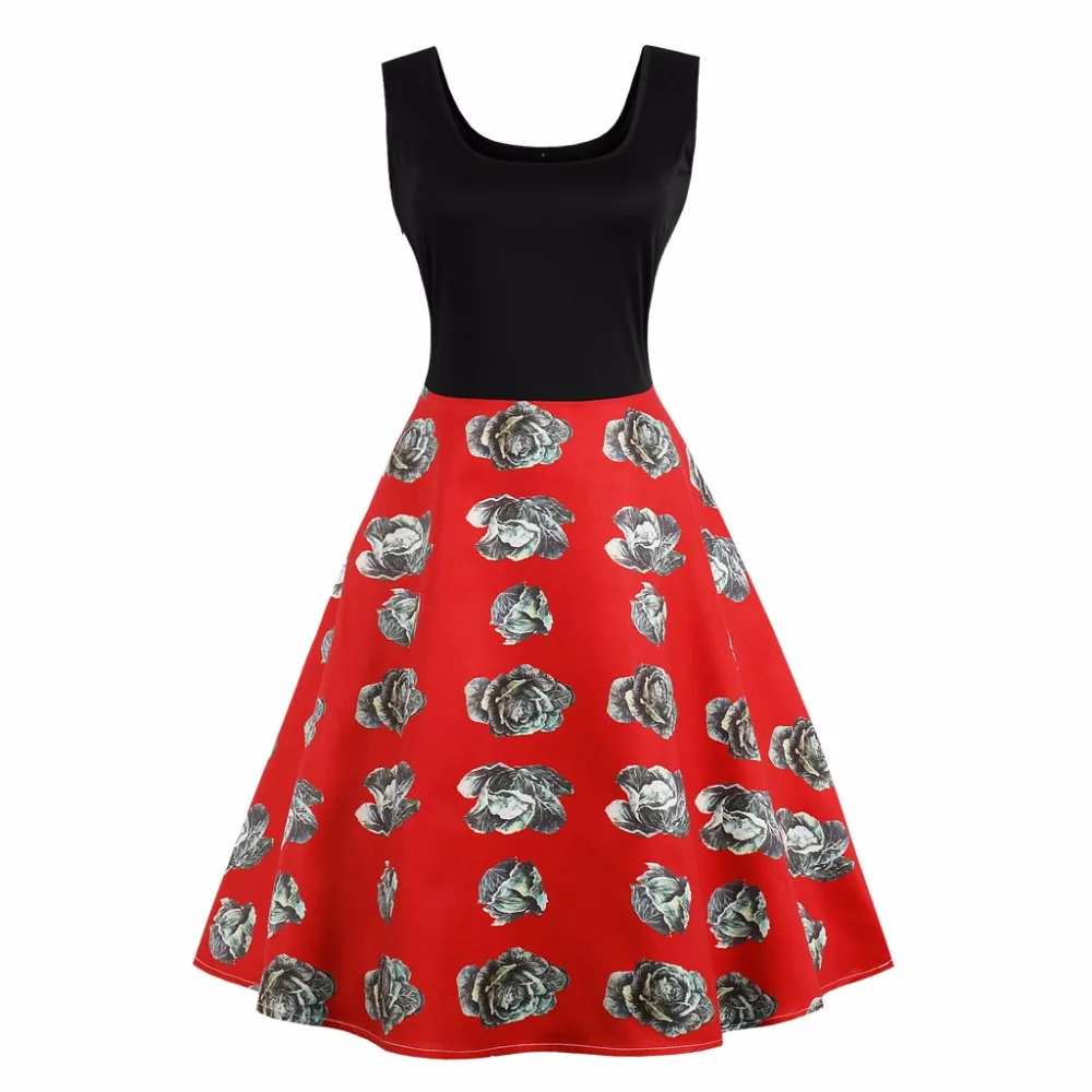 ShejoinSheenjoy Hepburn O-Neck Printing Summer Dresses Women Sleeveless Red O-Neck Dresses Sundress Ladies Ball Gown Dress (4)