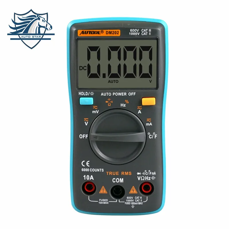

AUTOOL DM202 Portable Autoranging Digital Multimeter 6000 Counts Backlight AC/DC Ammeter Voltmeter Ohm Portable Meter ZT102
