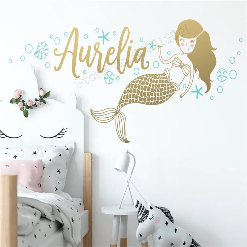 

Wall Decoration Mermaid Room Sticker Vinyl Art Removeable Decor Custom Name Personalized Kids Decal Mural Beauty Ornament LY354