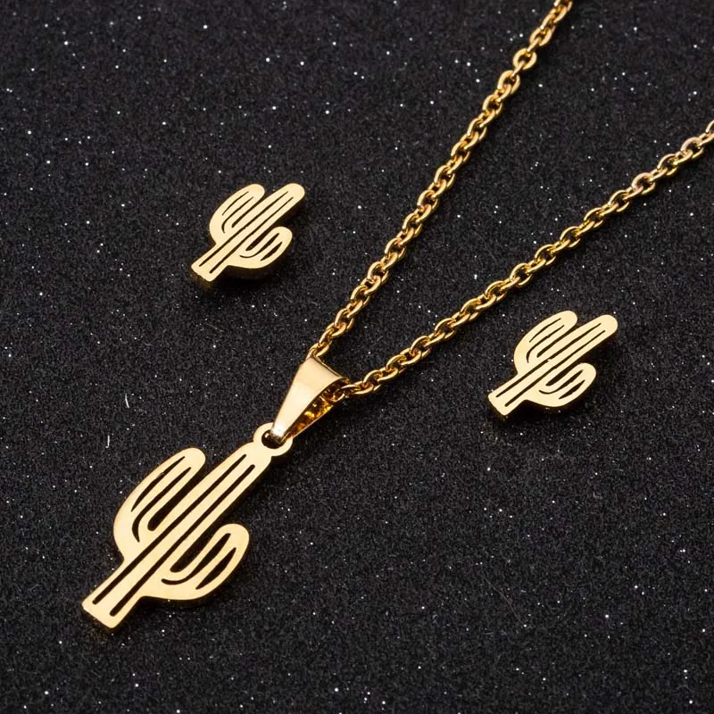 

Classic Stainless Steel Jewelry Set for Women Girls Simple Hollow Cactus Necklace Cute Plant Stud Earrings Children Gift