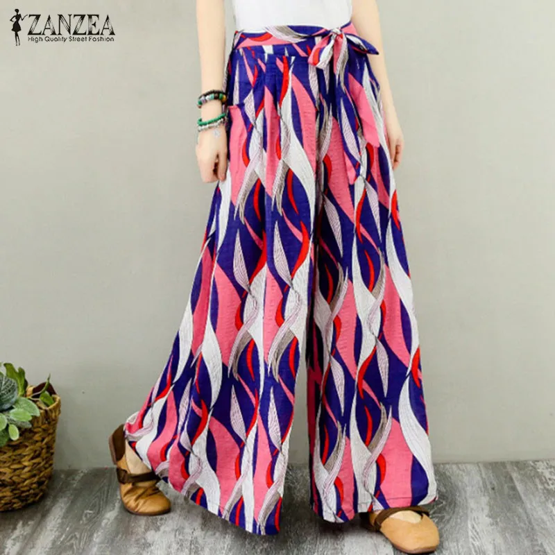 Женские широкие брюки ZANZEA, летние богемные расклешенные брюки с цветочным принтом, повседневные пляжные Панталоны с эластичной талией на шнуровке