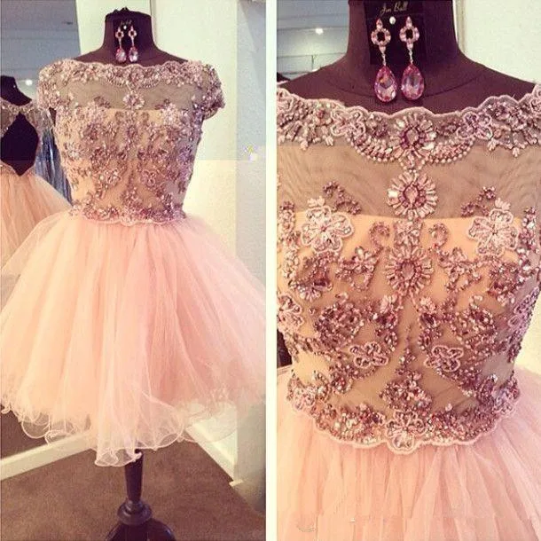 

Peach Homecoming Dresses A-line Cap Sleeves Organza Beaded Crystals Short Mini Elegant Cocktail Dresses