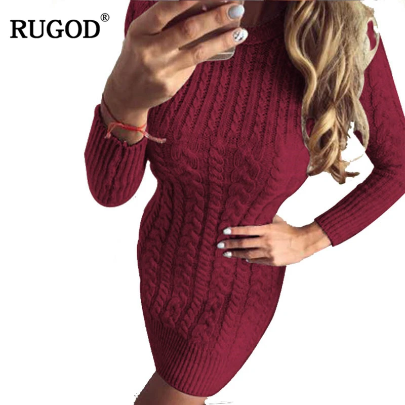 

RUGOD Women Autumn Winter Sweater Warm Knitted Dresses Slim Elastic O neck Long Sleeve Sexy Lady Bodycon Robe Dresses Vestidos