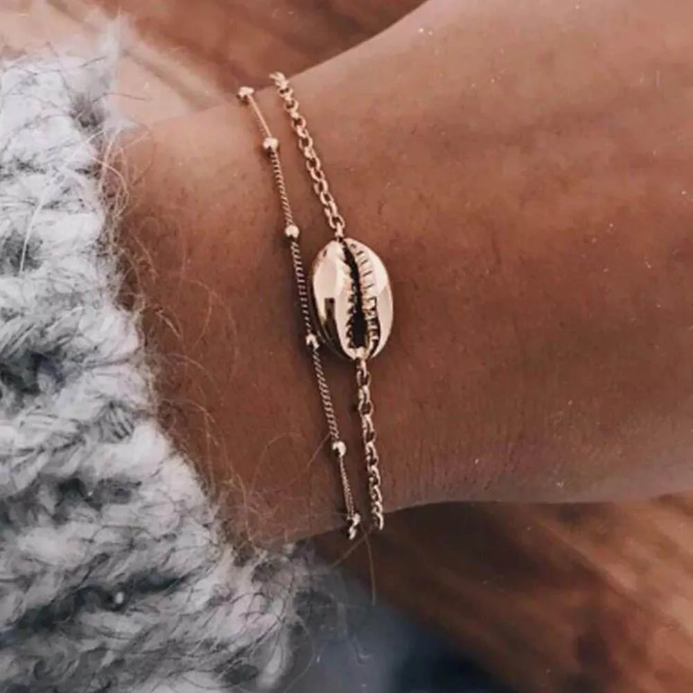 

2psc/set Bohemian Fashion Vintage Gold Color Shell Bracelet Set for Women Simple Bead Chain Shell Bracelet Wholesale Jewelry