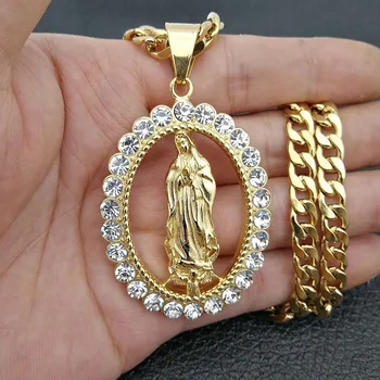 

Stainless Steel Crystal Virgin Mary Pendant Necklace for Men Hip Hop Rapper jewelry with 60cm Gold Cuban Miami Chain