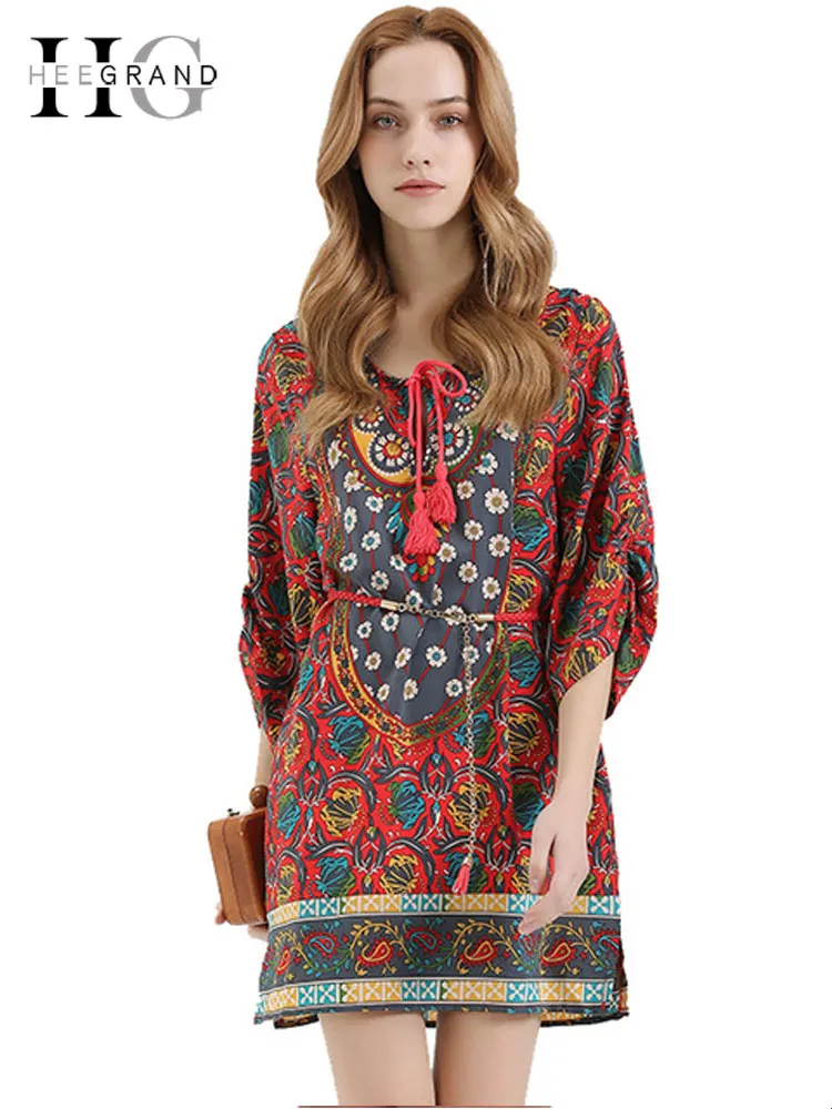

HEE GRAND 2018 Summer Bohemian Women Dress O-Neck Drawstring Floral Summer Dress Vestido Half Sleeve Dress Without Belt LCL1216