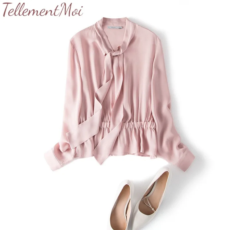 

Women Solid Blouse 100% Silk Shirt Long Sleeve Blouse Bow Collar Shirts Casual Tops Chemisier Femme Blusas Mujer de Moda 2019