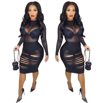 

Women 2Pcs black Dress setsnightclub tight-fitting hip pencil Slim Sexy Dress Party Bodycon Dress Skirt+playsuit sets bodysuit