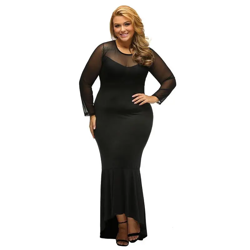 SEBOWEL Pluz Size Long Sleeve Women Bodycon Maxi Party Dress Hi-low Hem Mermaid Oversize Dresses BlackRed XL-XXXL (2)