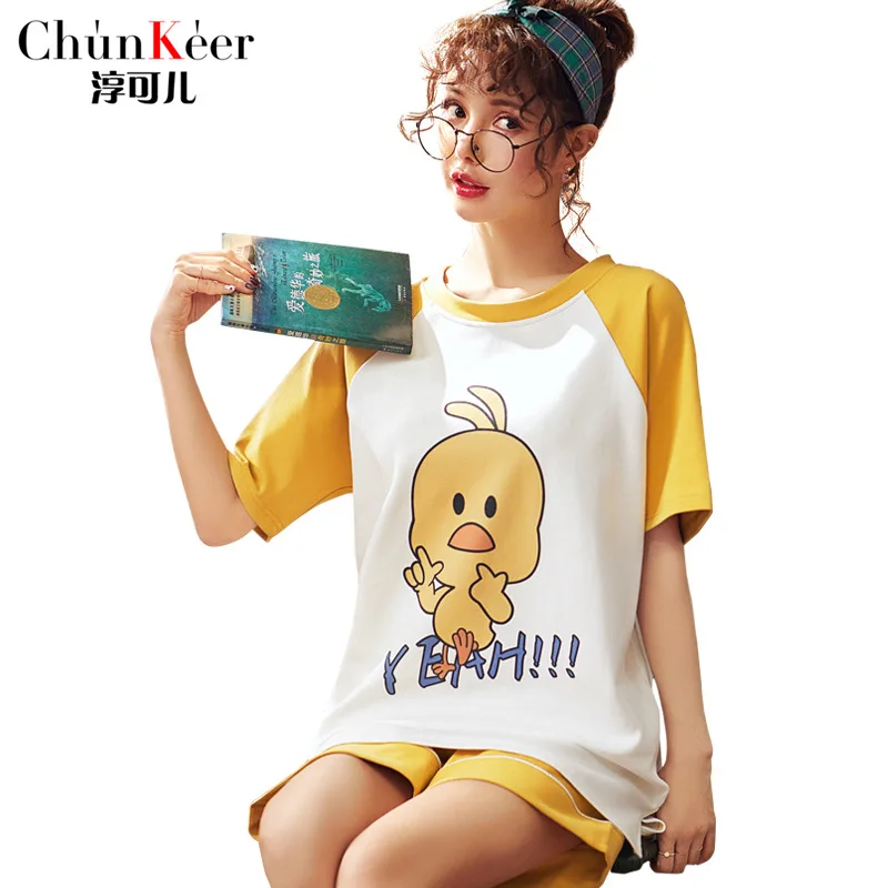 

Women Summer Pullover T Shirt + Shorts Pajamas Sets Thin Round Neck Duck Print Soft & Comfortable Homeware Sleepware Femme
