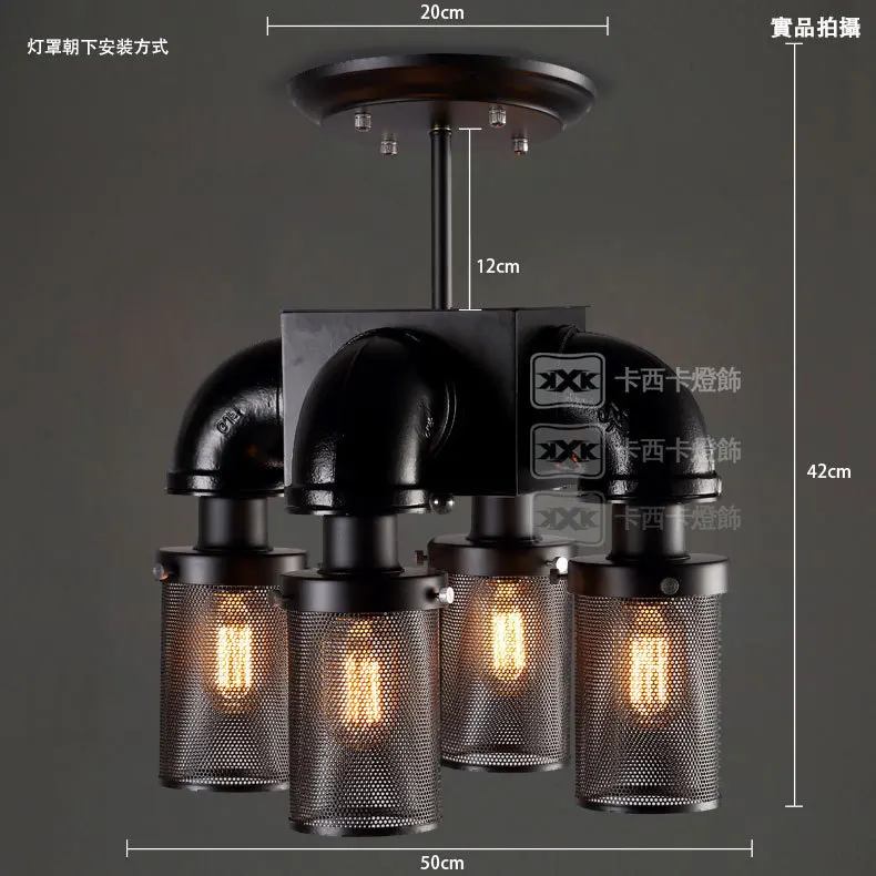 Nordic vintage rural style industry loft black antique iron 4 water pipe ceiling lamps with Edison bulbs in bar or cafe