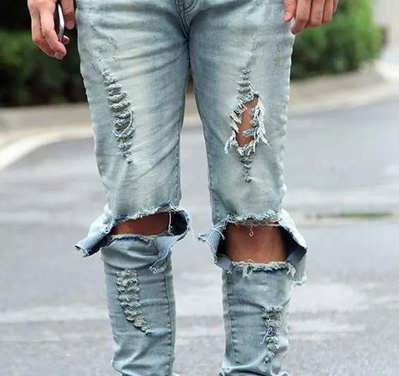 Для мужчин тонкие узкие взлетно-посадочной полосы прямые эластичные джинсовые штаны уничтожены Рваные джинсы