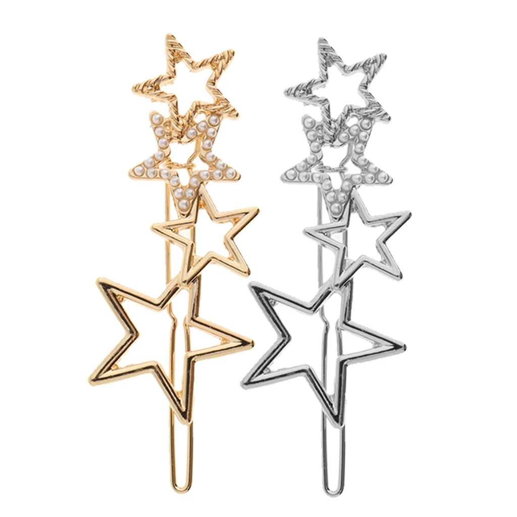 Women Girls Retro Alloy Hair Clip Star Shape Pearls Slide Hairclip Hair Pin Party