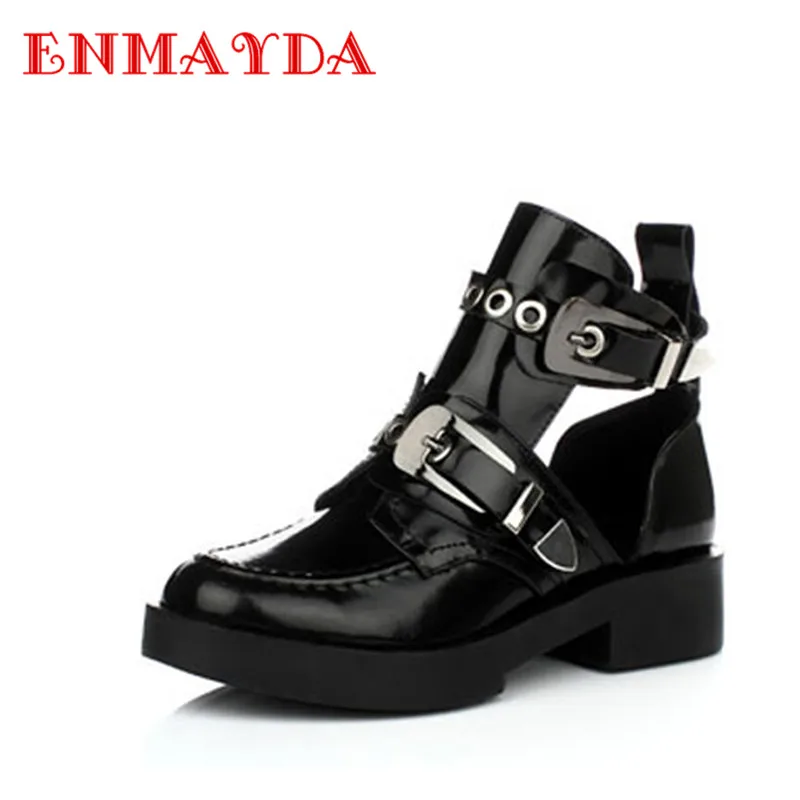 ENMAYER Genuine Full Grain Leather Buckle Cut Out Women Punk Ankle Sale