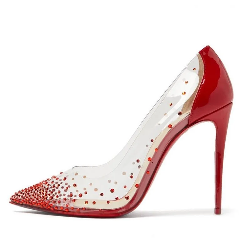 Brand Ladies Pumps Red Clear PVC Wedding Shoes Bride Crystal Pointed Toe High Heel Pumps Red Patent Leather Party Wedding Shoes