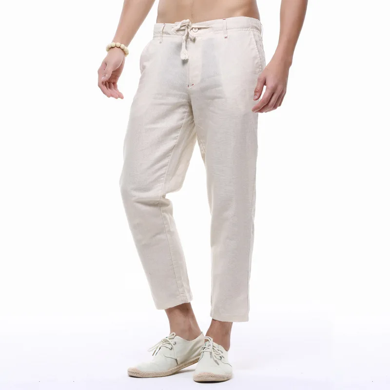 Горячая Распродажа, летние мужские повседневные брюки-карандаш длиной до лодыжки, эластичные прямые брюки на завязках, облегающие брюки, одноцветные белые брюки
