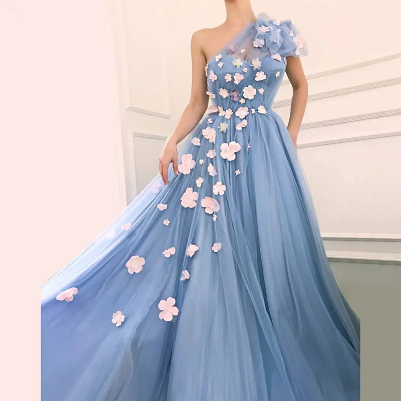 

Muslim Evening Dresses 2019 A-line One-shoulder Tulle Flowers Formal Islamic Dubai Saudi Arabic Long Elegant Evening Gown