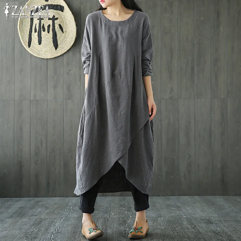 

Vintage Linen Shirts Dress Women's Casual Sundress 2019 ZANZEA Autumn Long Sleeve Vestidos Plus Size Party Tunic Robe Femme 5XL