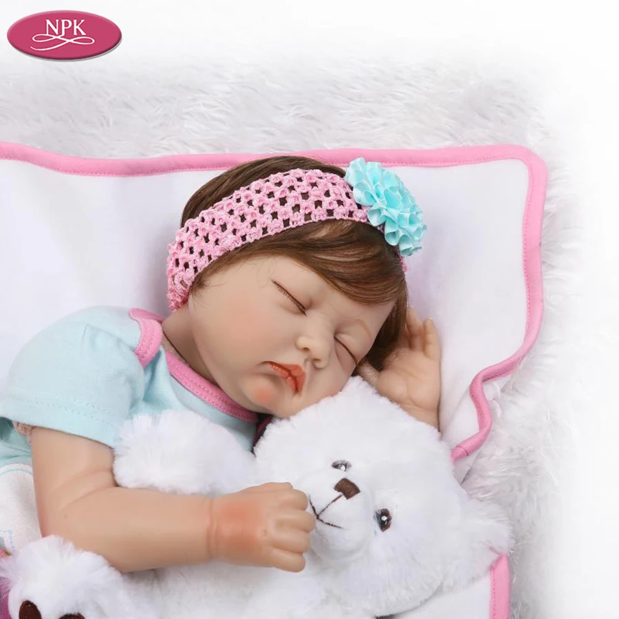 NPK 55CM Silicon Doll Lifelike Reborn Baby Girl Soft Cloth Body Realistic Babies Dolls + White Bear Stuffed Toys Children Gifts (2)