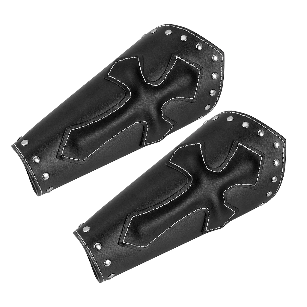 2Pieces Unisex PU Leather Gauntlet Style Wristband Wide Bracer Arm Cuff Bangle with Cross Charms Ethnic Charms - Black