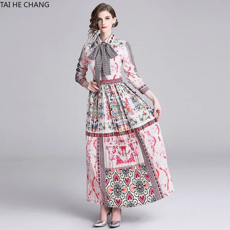 

2019 Women long sleeve Dress Fashion Retro Spring Summer Elegant pleated Bodycon Vintage Party Runway Print Shirt Maxi Dresses