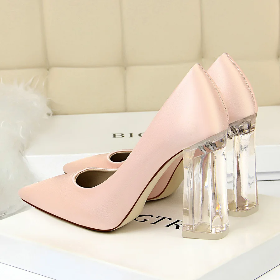 2018 Plus Size 43 Women Block 10cm High Heels Lady Scarpins Green Satin Pumps Female Wedding Yellow Blue Silk Transparent Shoes