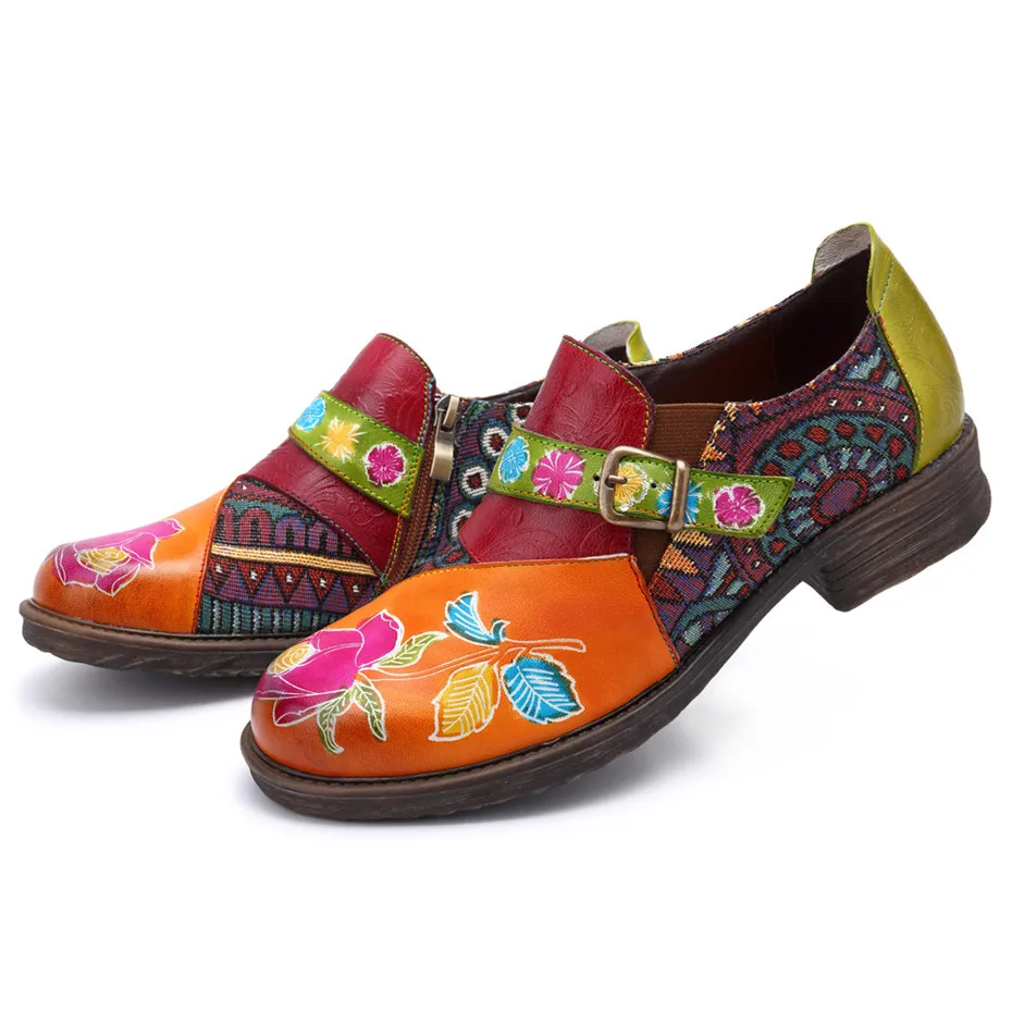 Vintage Flat Shoes Women 2019 Genuine Leather Oxfords Bohemian Jacquard Patchwork Zipper Flats Retro Casual Ladies Shoes Woman (7)